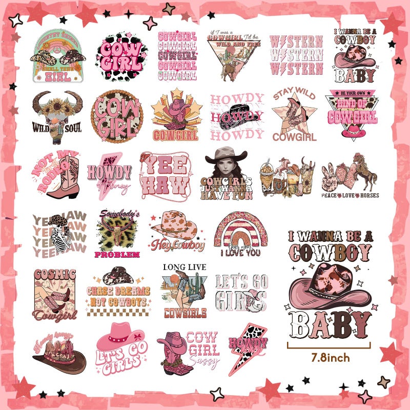 Yuntau 30 Pcs Western Iron On Transfer Patches Iron On Vinyl Decals for Jeans Western DTF Heat Transfer Vinyl Stickers DIY Appliques for Clothing T Shirt Pillow Hat(Cowgirl) - Image 3
